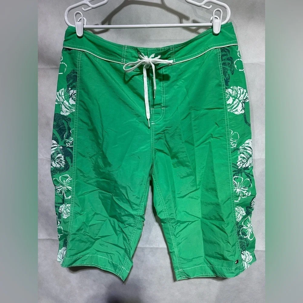 VINTAGE Tommy Hilfiger Board Shorts Mens 36 Green Tropical Baggy Swim Trunks Y2K